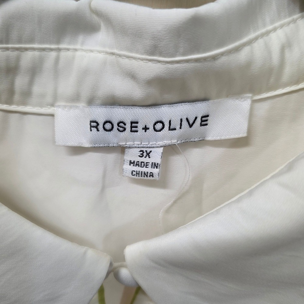 Rose + Olive Floral Bird Print Button Down Blouse White Plus 3X Long Sleeve - Picture 4 of 16